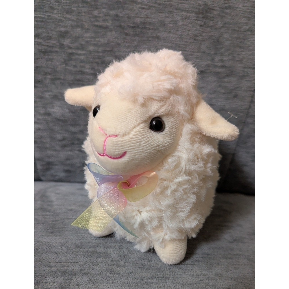 Tom's Toys Chubby Lamb Plush Small Cream Rainbow Ribbon Bow Swirl Fur